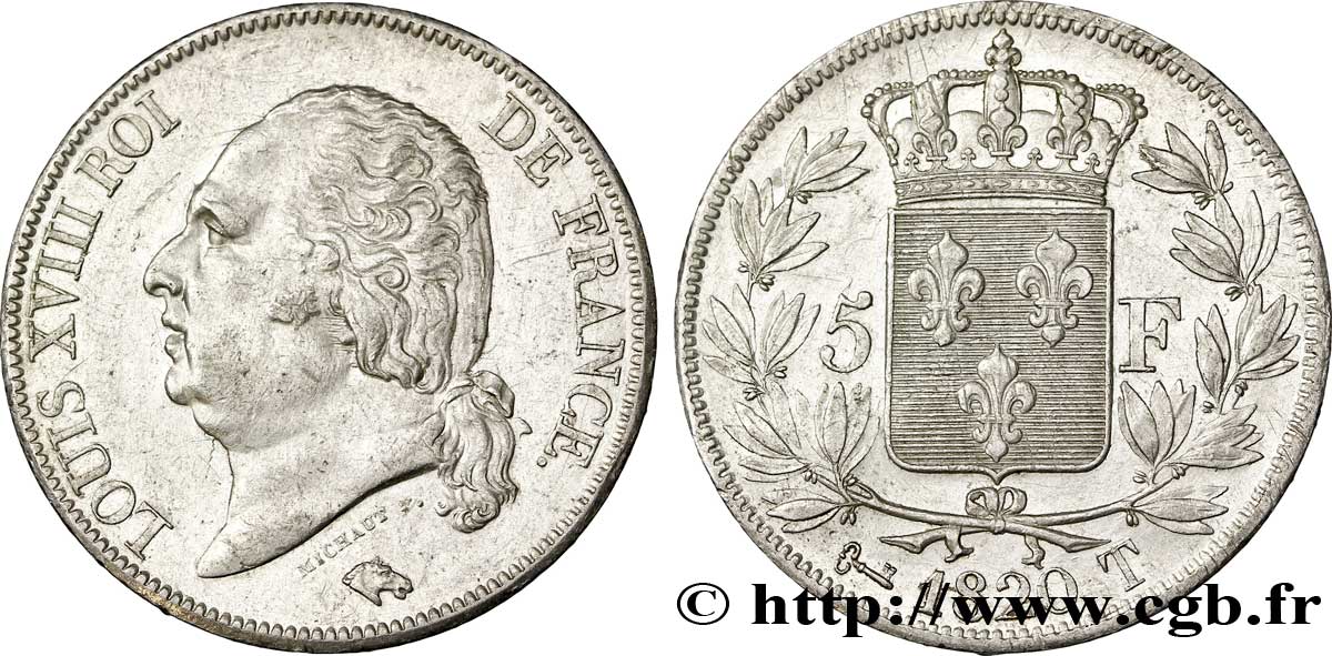 5 francs Louis XVIII, tête nue 1820 Nantes F.309/58 TTB 