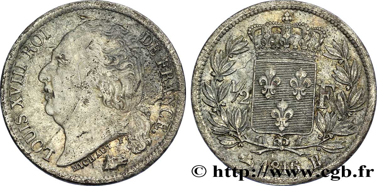 1/2 franc Louis XVIII 1816 Rouen F.179/2 TTB 