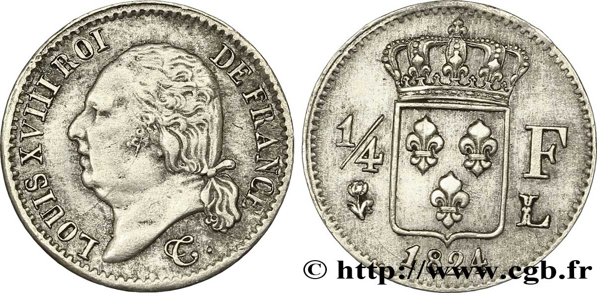 1/4 franc Louis XVIII 1824 Bayonne F.163/33 TTB 