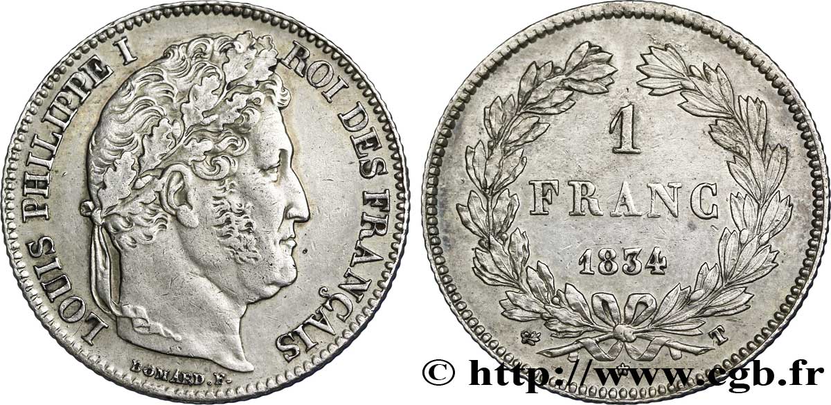 1 franc Louis-Philippe, couronne de chêne 1834 Nantes F.210/38 SS 
