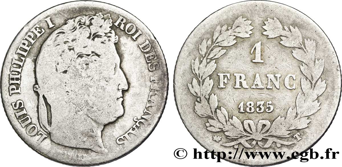 1 franc Louis-Philippe, couronne de chêne 1835 Nantes F.210/48 B 