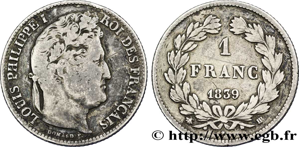 1 franc Louis-Philippe, couronne de chêne 1839 Strasbourg F.210/69 VF 