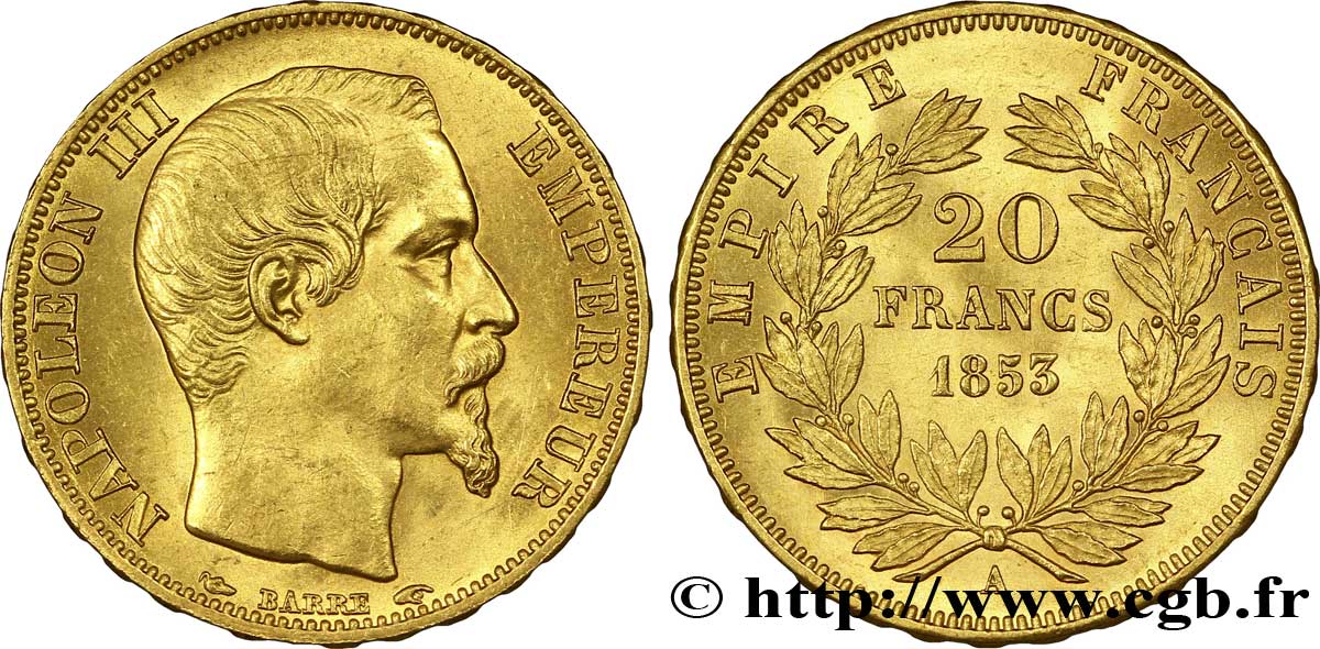 20 francs or Napoléon III, tête nue 1853 Paris F.531/1 EBC 