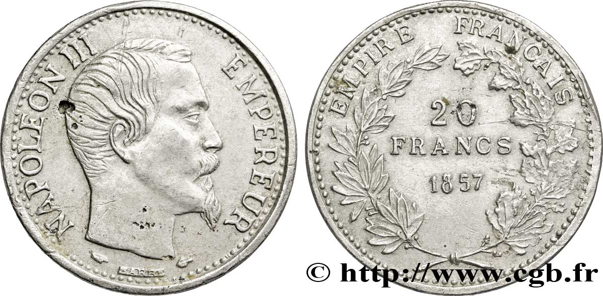Essai en aluminium de 20 francs or Napoléon III, tête nue 1857  F.531/12 var. BB 