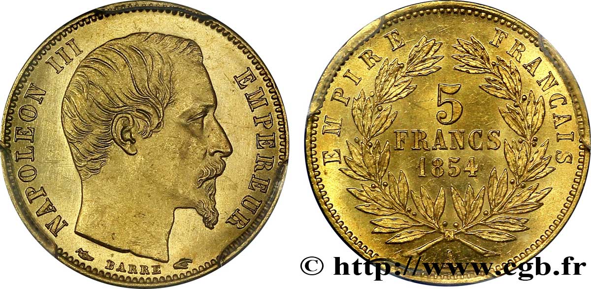 5 francs or Napoléon III, tête nue, petit module, tranche cannelée 1854 Paris F.500A/1 SC 