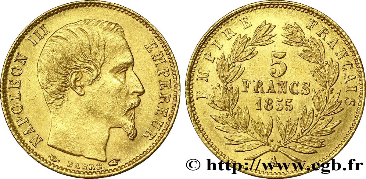 5 francs or Napoléon III, tête nue, petit module 1855 Paris F.500A/2 TTB 
