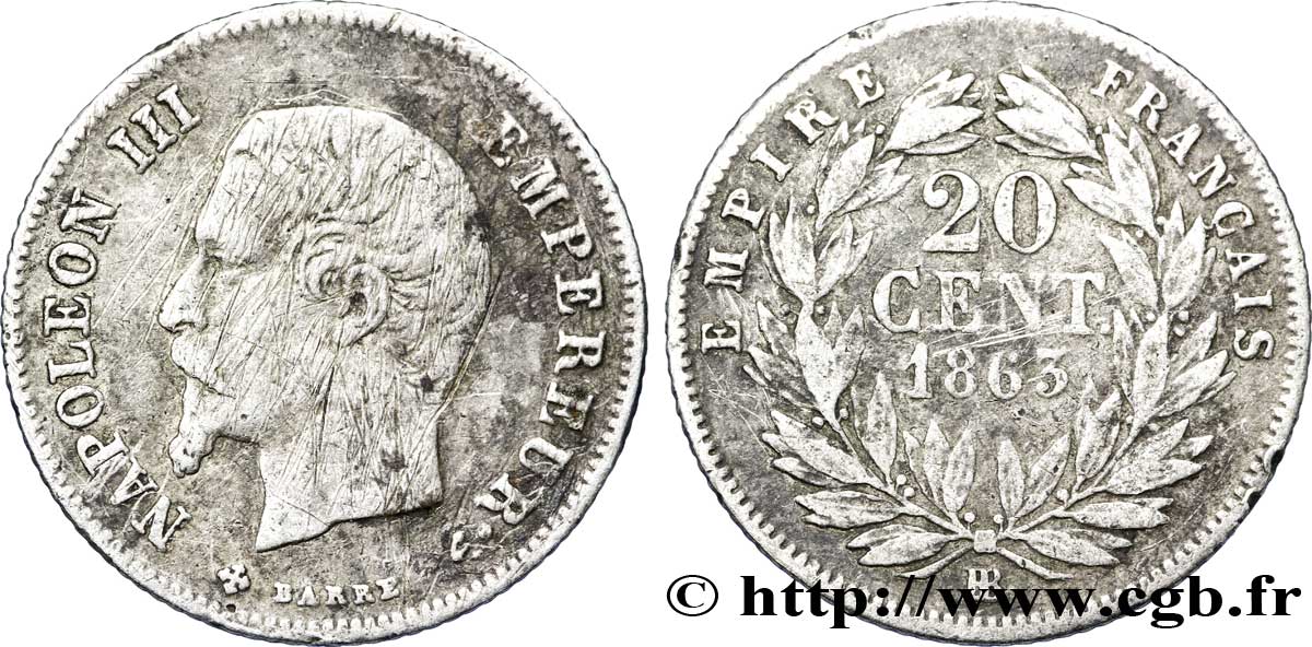 20 centimes Napoléon III, tête nue 1863 Strasbourg F.148/18 TB 