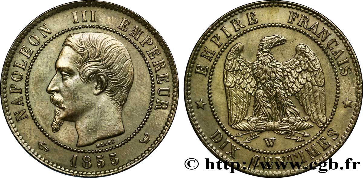 Dix centimes Napoléon III, tête nue, différent ancre 1855 Lille F.133/33 TTB 