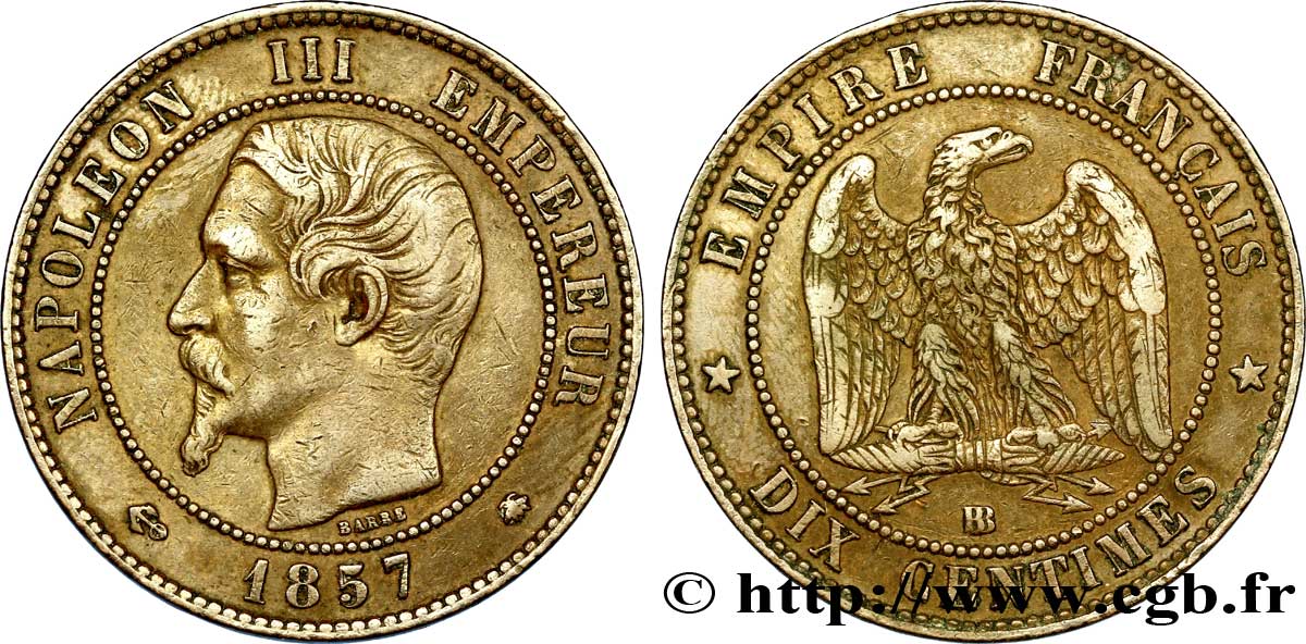 Dix centimes Napoléon III, tête nue 1857 Strasbourg F.133/43 TTB 