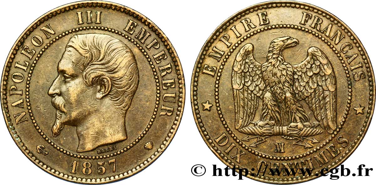 Dix centimes Napoléon III, tête nue 1857 Marseille F.133/45 TTB 