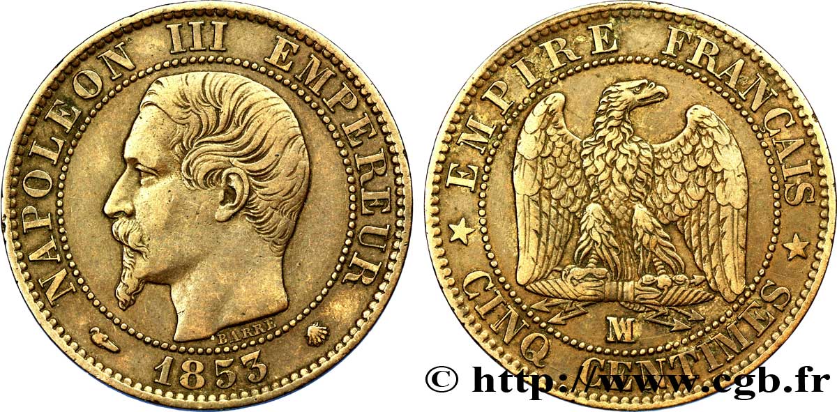 Cinq centimes Napoléon III, tête nue 1853 Marseille F.116/6 MBC 