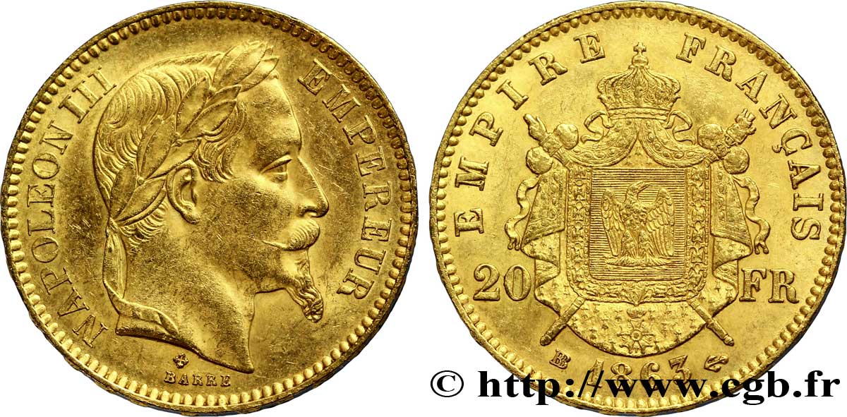 20 francs or Napoléon III, tête laurée 1863 Strasbourg F.532/7 EBC 