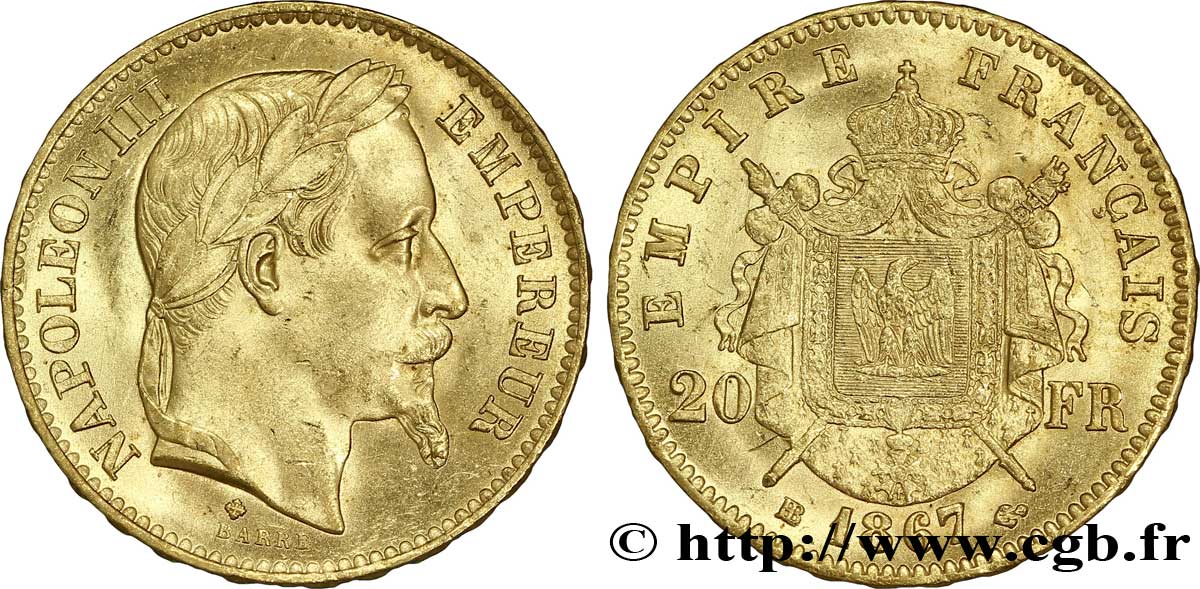 20 francs or Napoléon III, tête laurée, petit BB 1867 Strasbourg F.532/16 SPL 