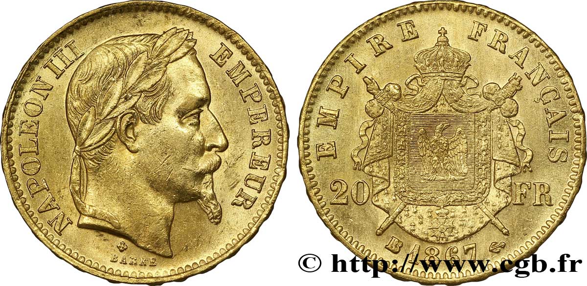 20 francs or Napoléon III, tête laurée, grand BB 1867 Strasbourg F.532/17 SUP 