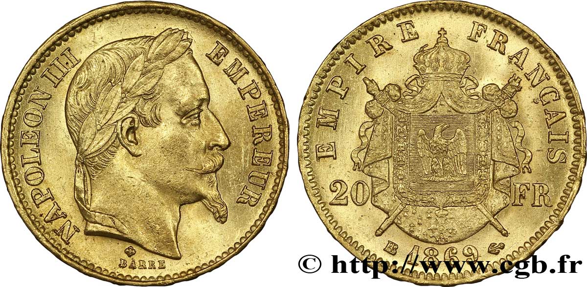 20 francs or Napoléon III, tête laurée, petit BB 1869 Strasbourg F.532/21 AU 
