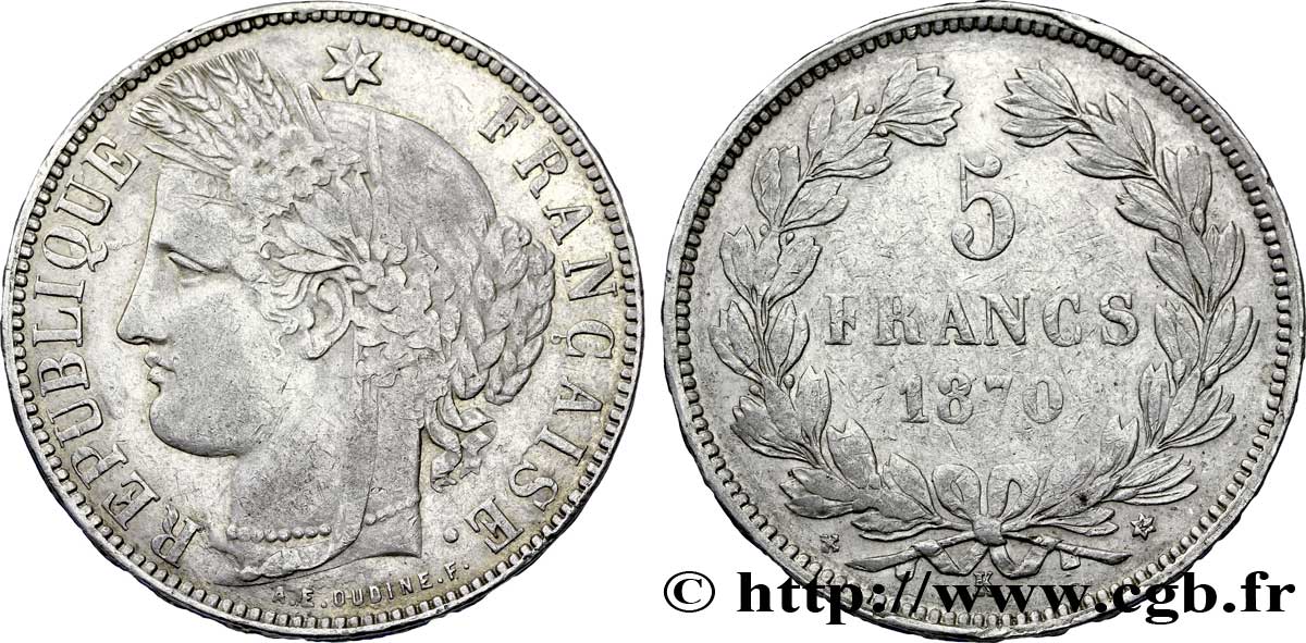 5 francs Cérès, sans légende, A.E. Oudiné 1870 Bordeaux F.332/7 S 