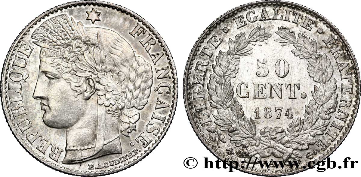 50 centimes Cérès, IIIe République 1874 Paris F.189/7 SUP 