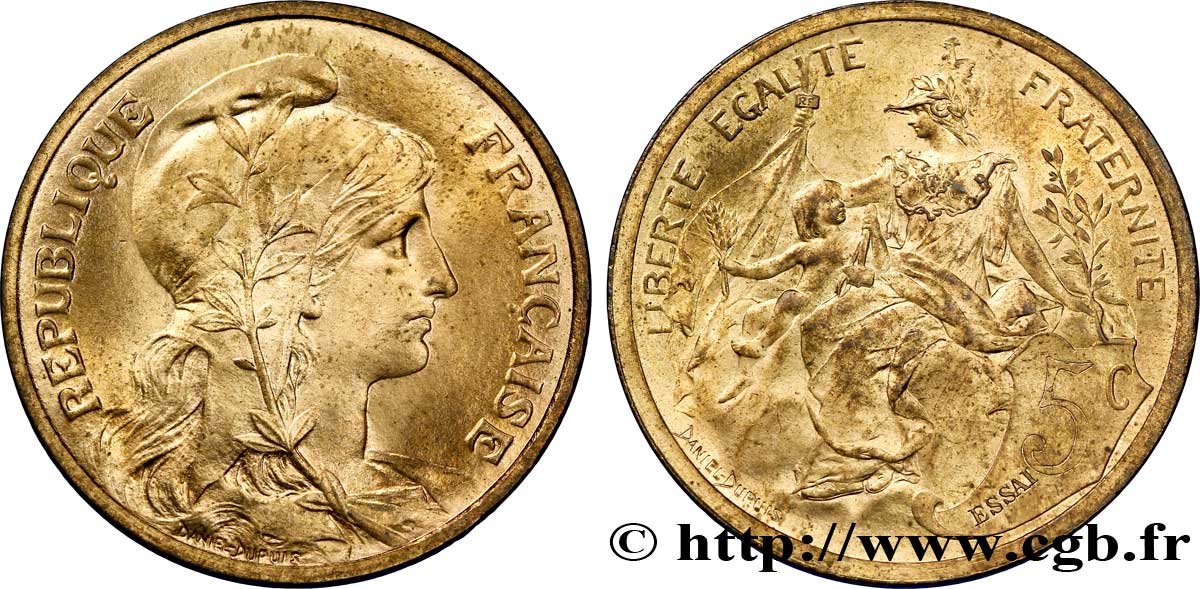 Essai de 5 centimes Daniel-Dupuis, flan brillant n.d.  Maz.2199  SPL 