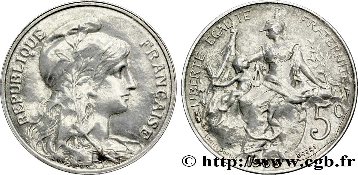 Essai de 5 centimes Daniel-Dupuis, flan en argent 1908  F.119/18 var. VZ 