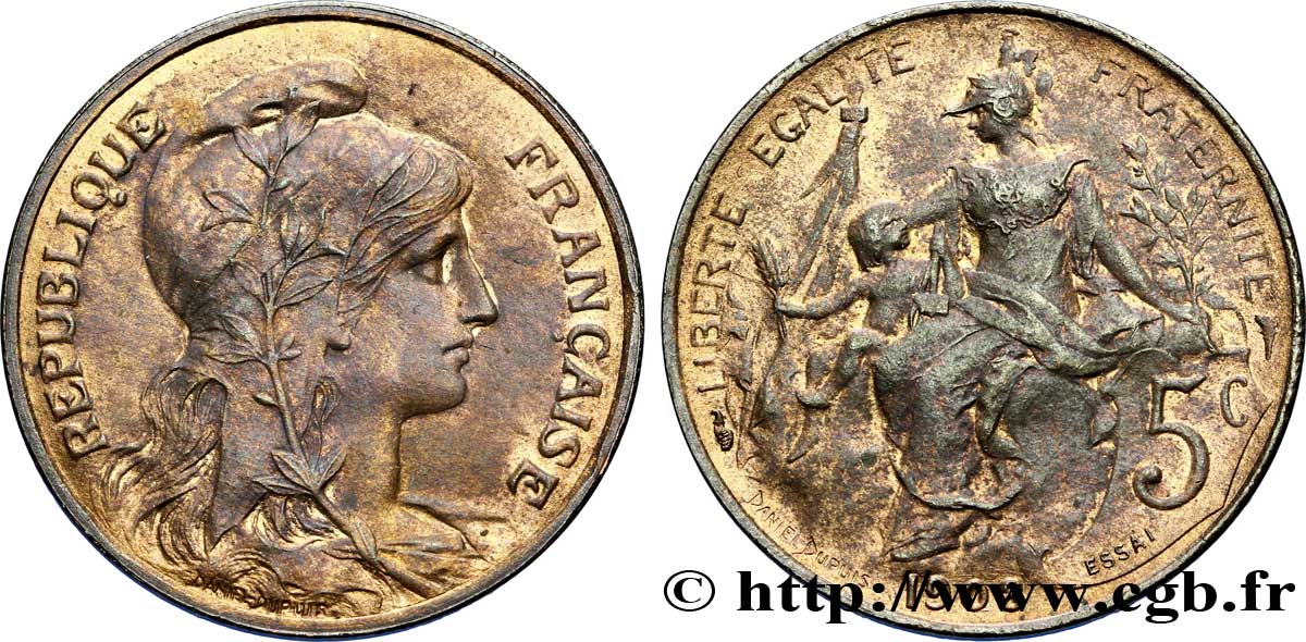 Essai de 5 centimes Daniel-Dupuis, flan en bronze 1908  F.119/18 VZ 
