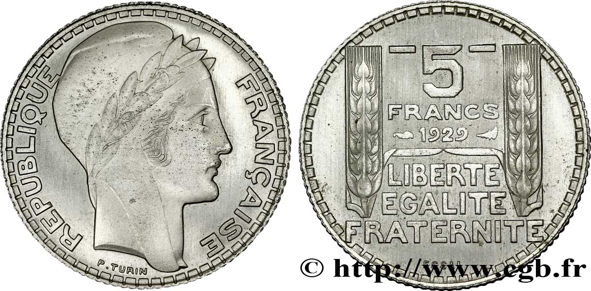 Concours de 5 francs, essai de Turin en nickel 1929  VG.5245  SPL 