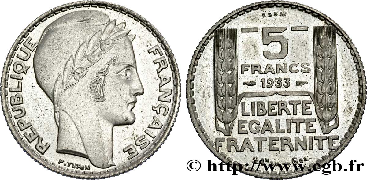 Concours de 5 francs, essai de Turin en cupro-nickel 1933  VG.5346  EBC 