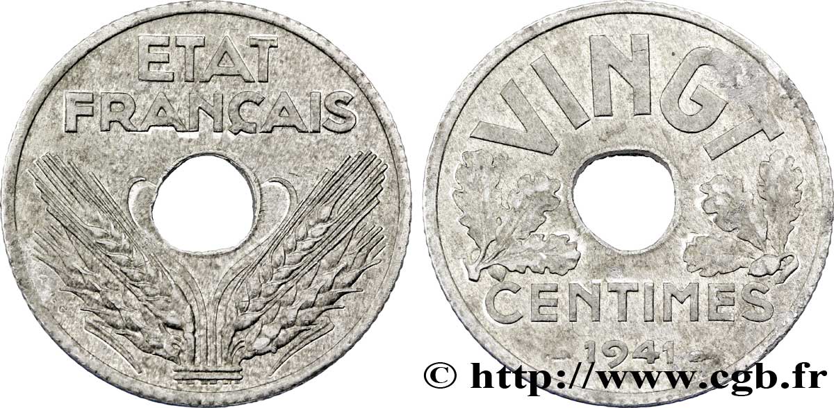 VINGT centimes État français, cannelures larges 1941  F.152/3 XF 
