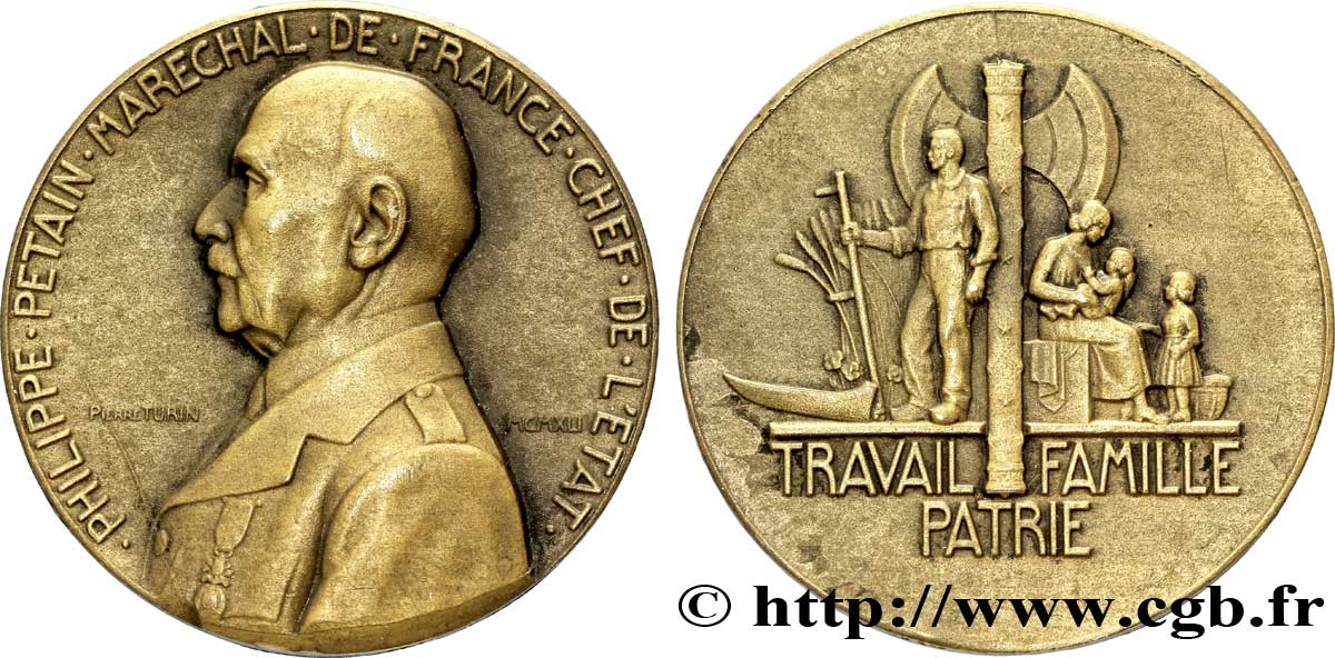 FRENCH STATE Médaille BR 32, État français par Pierre Turin AU