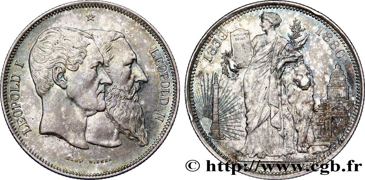 BELGIUM - KINGDOM OF BELGIUM - LEOPOLD II 5 francs, Cinquantenaire du Royaume (1830-1880) 1880 Bruxelles XF 