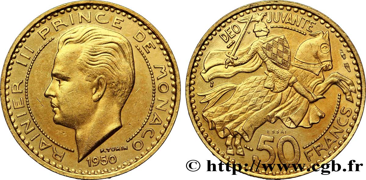 MONACO - PRINCIPAUTÉ DE MONACO - RAINIER III Essai en or de 50 francs prince Rainier III 1950 Paris AU 