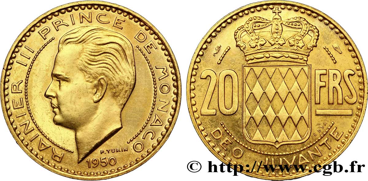 MONACO - PRINCIPAUTÉ DE MONACO - RAINIER III Essai en or de 20 francs prince Rainier III 1950 Paris SPL 