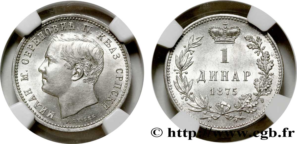 KINGDOM OF SERBIA - MILAN IV OBRENOVIC 1 dinar Milan IV Obrenovic 1875 Paris AU 