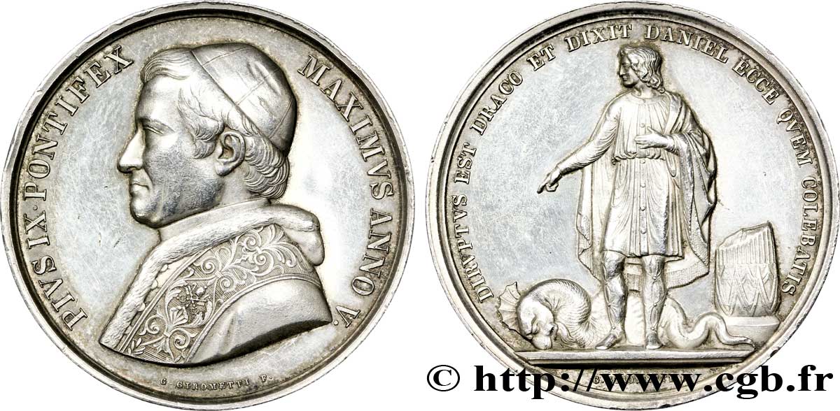 ITALIA - STATO PONTIFICIO - PIE IX (Giovanni Maria Mastai Ferretti) Médaille AR 43, Daniel et le dragon 1850 Rome AU 
