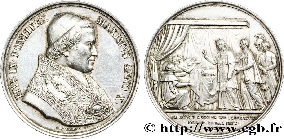 ITALIA - STATO PONTIFICIO - PIE IX (Giovanni Maria Mastai Ferretti) Médaille AR 43, Visite du Pape à l’hôpital San Spirito 1855 Rome AU 