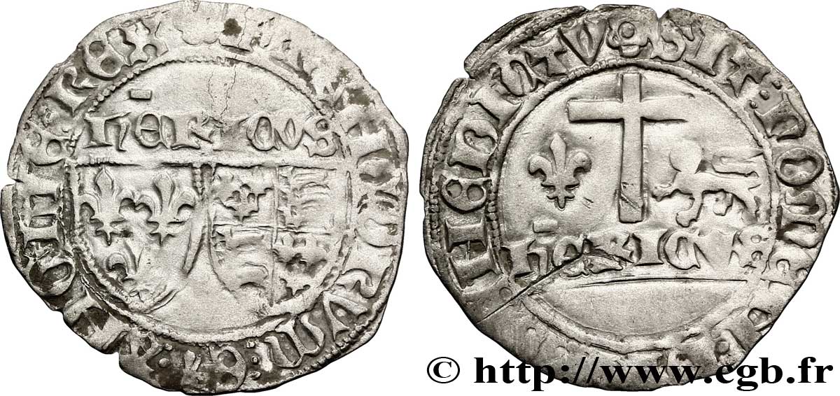 HENRY VI DE LANCASTRE - ROI DE FRANCE (1422-1453) - ROI D ANGLETERRE (1422-1461) et (1470-1471) Blanc aux écus n.d. Troyes TTB