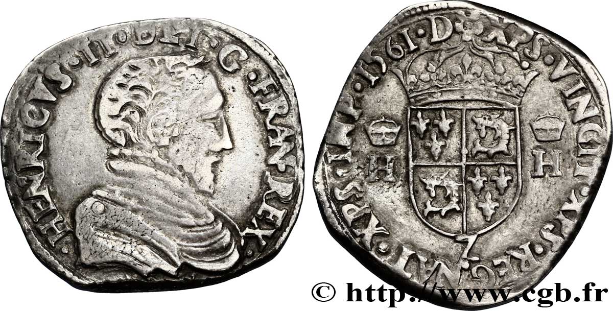 CHARLES IX. COINAGE AT THE NAME OF HENRY II Teston du Dauphiné 1561 Grenoble q.BB/BB