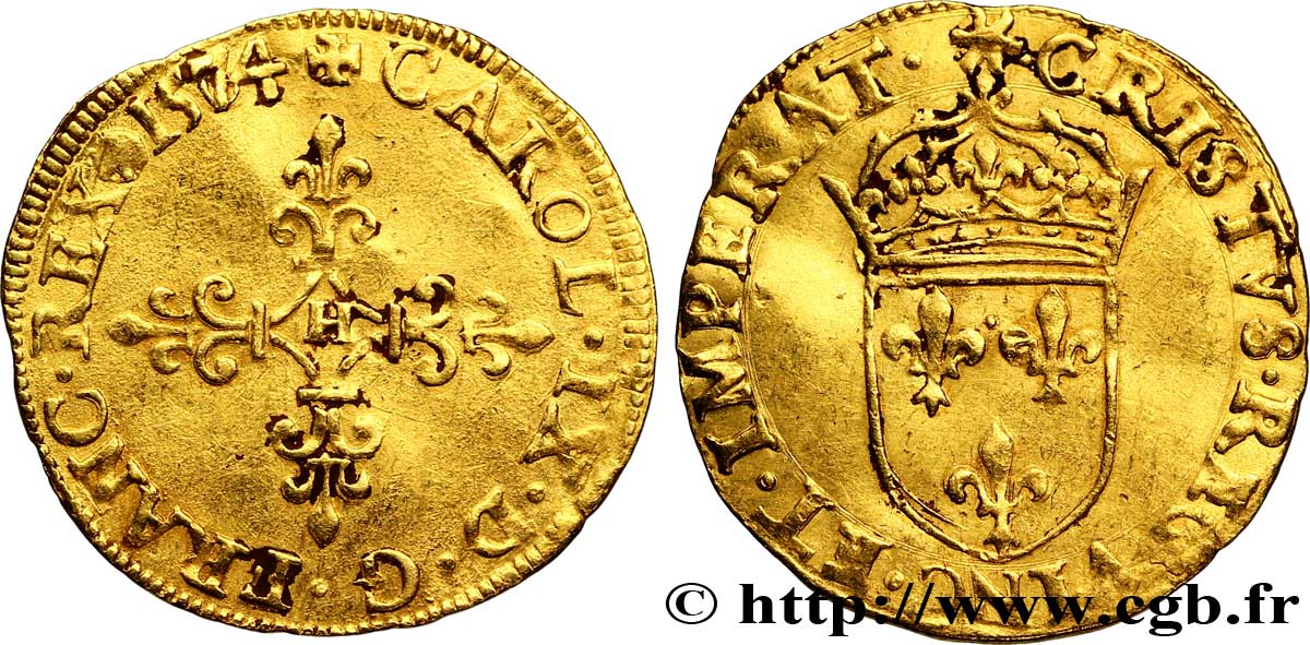 CHARLES IX Écu d or au soleil, 2e type 1574 La Rochelle VF