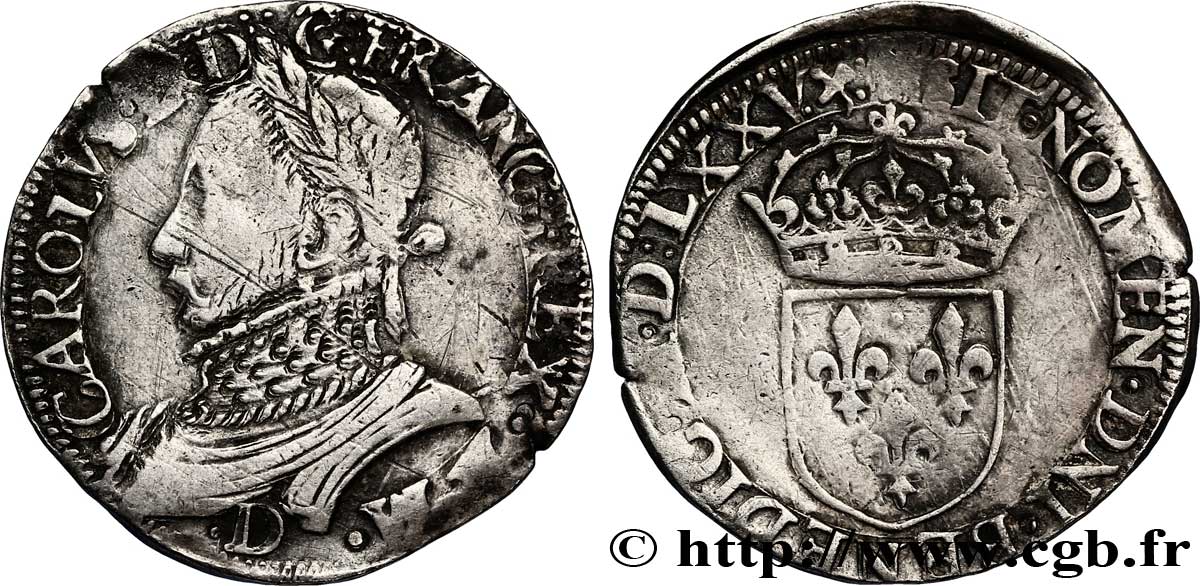 HENRY III. COINAGE IN THE NAME OF CHARLES IX Teston, 11e type 1575 Lyon XF/VF