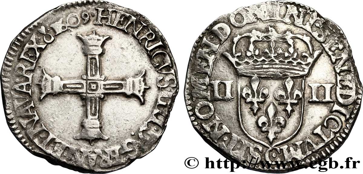 HENRY IV Quart d écu, croix bâtonnée et couronnée de face 1609 Saint-Lô XF