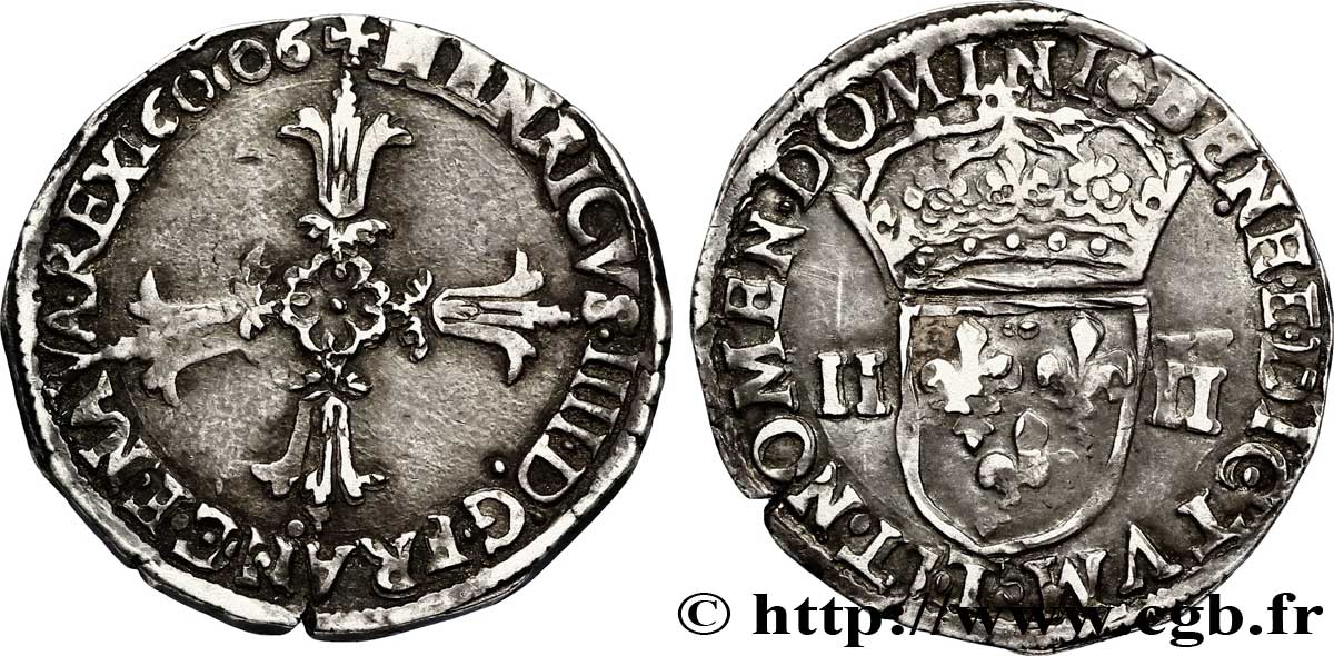 HENRI IV LE GRAND Quart d écu, croix feuillue de face 1606 Nantes TTB+