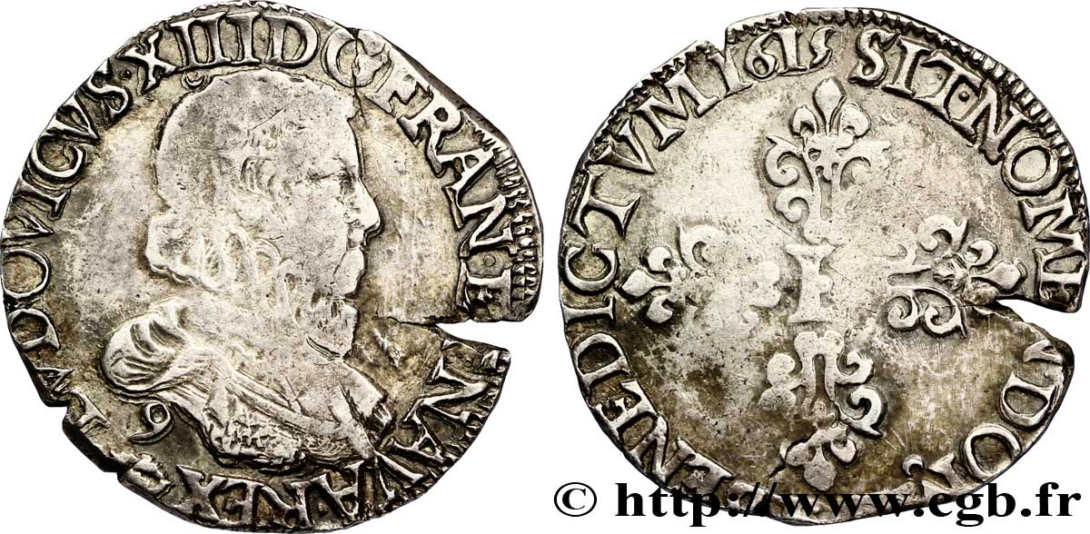 LOUIS XIII LE JUSTE Demi-franc au buste enfantin et fraisé, type de Rennes 1615 Rennes TTB