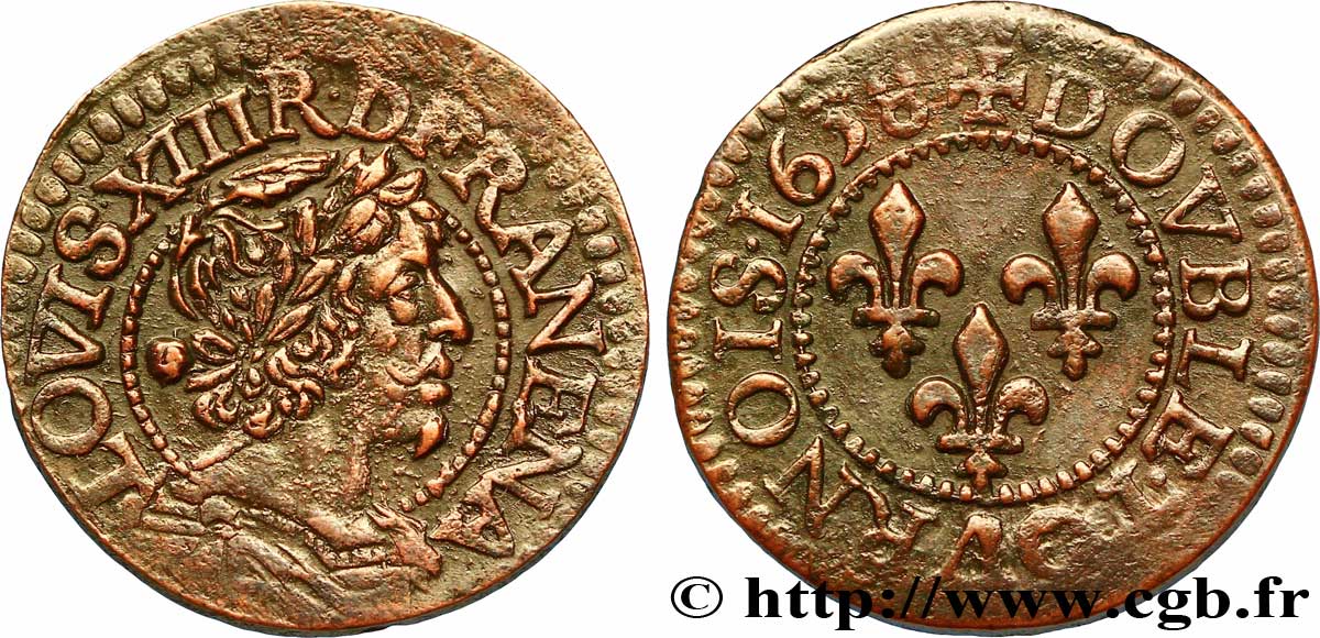 LOUIS XIII  Double tournois, type 15 1638 Tours VZ