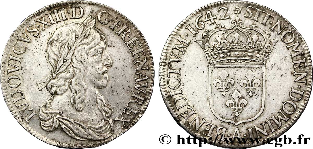 LOUIS XIII LE JUSTE Écu, buste drapé (1er buste de Jean Warin) 1642 Paris, Monnaie de Matignon TTB+/SUP