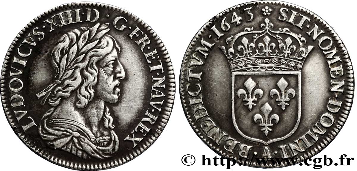 LOUIS XIII LE JUSTE Quart d écu, buste drapé et cuirassé (2e buste de Jean Warin) 1643 Paris, Monnaie de Matignon TTB/TTB+