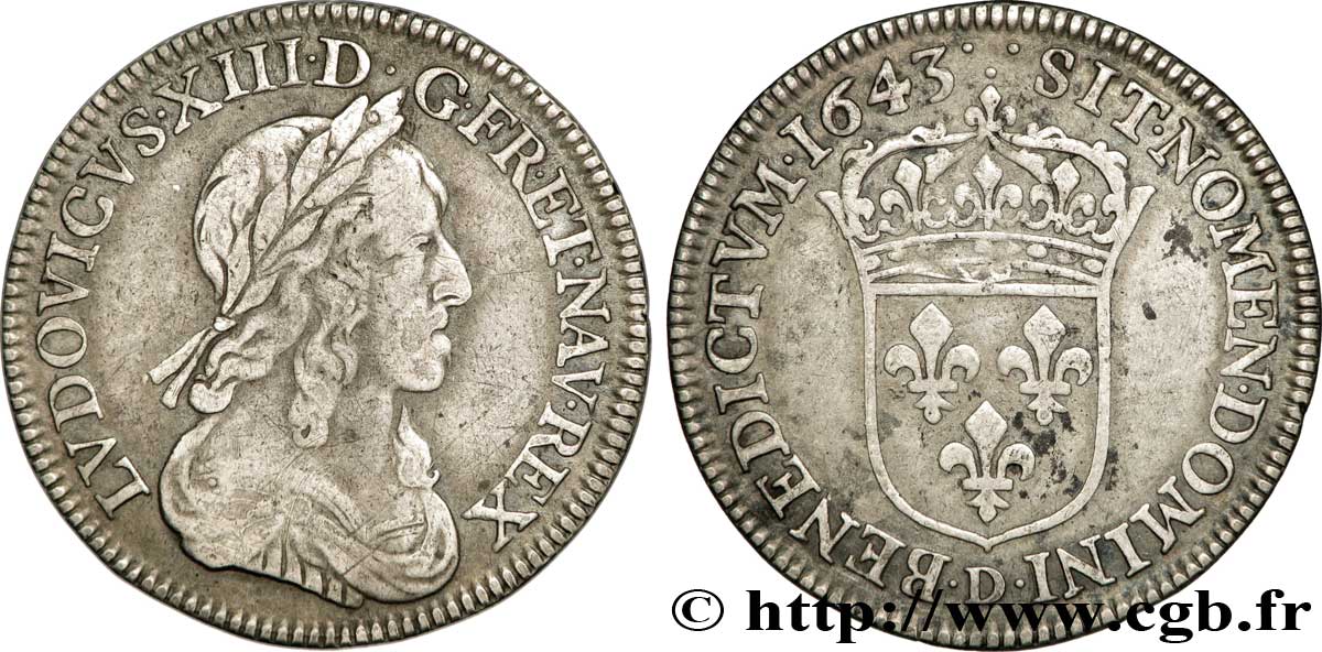 LOUIS XIII LE JUSTE Quart d écu, buste drapé et cuirassé (2e buste de Jean Warin) 1643 Lyon TTB