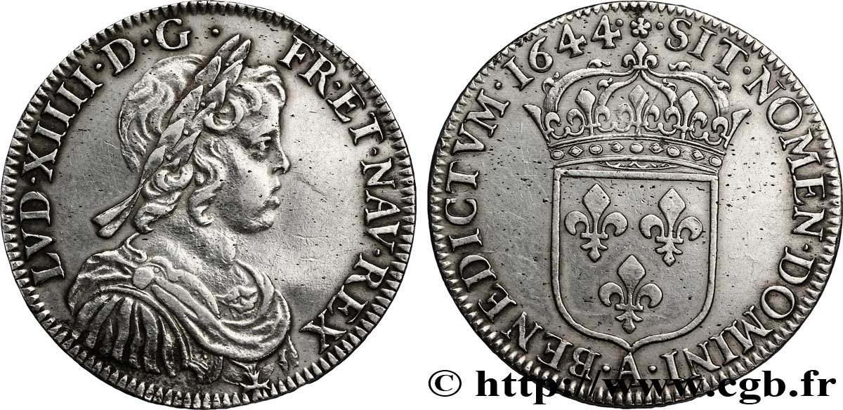 LOUIS XIV  THE SUN KING  Demi-écu à la mèche courte 1644 Paris, Monnaie de Matignon MBC+