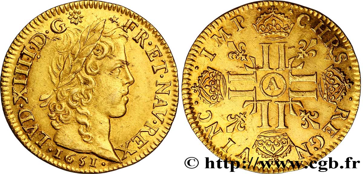 LOUIS XIV  THE SUN KING  Louis d’or aux huit L, portrait à la mèche longue 1651 Paris VZ