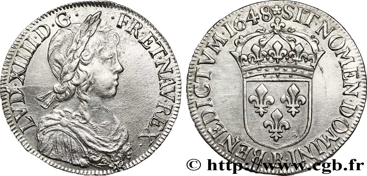 LOUIS XIV LE GRAND OU LE ROI SOLEIL Écu à la mèche longue 1648 Rouen TTB+/SUP