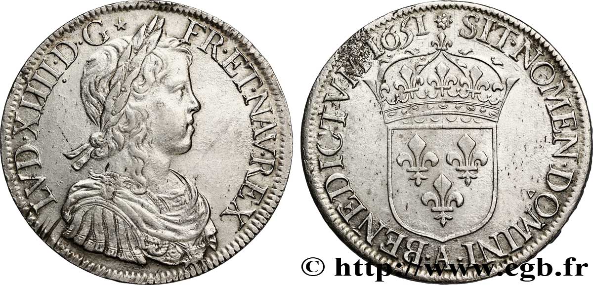 LOUIS XIV  THE SUN KING  Écu à la mèche longue 1651 Paris q.SPL