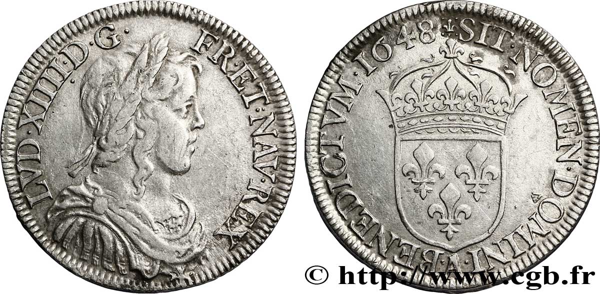 LOUIS XIV LE GRAND OU LE ROI SOLEIL Demi-écu à la mèche longue 1648 Paris TTB